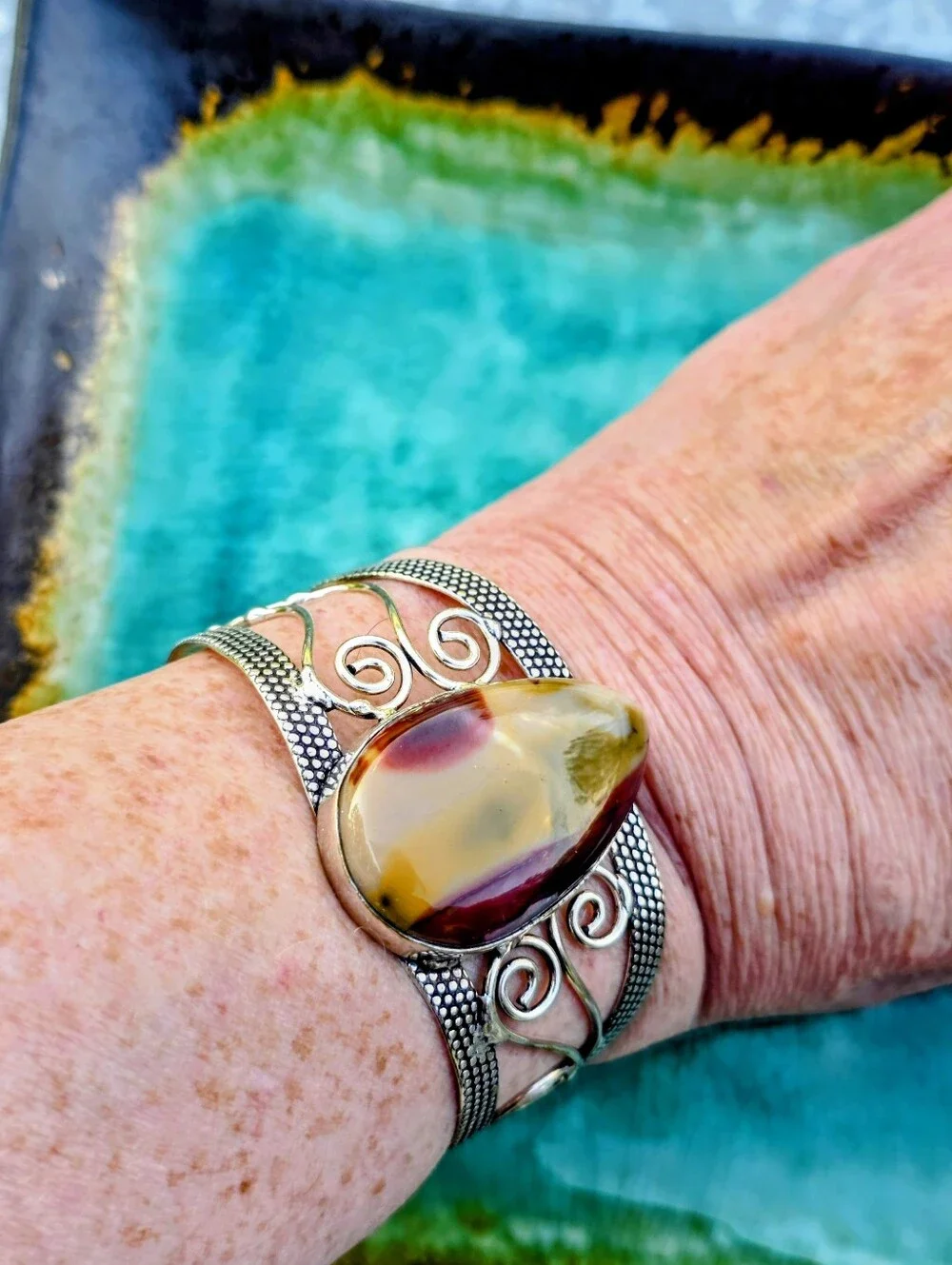 Mookaite Gemstone Cuff Bracelet In 925 Sterling Silver (Adjustable)